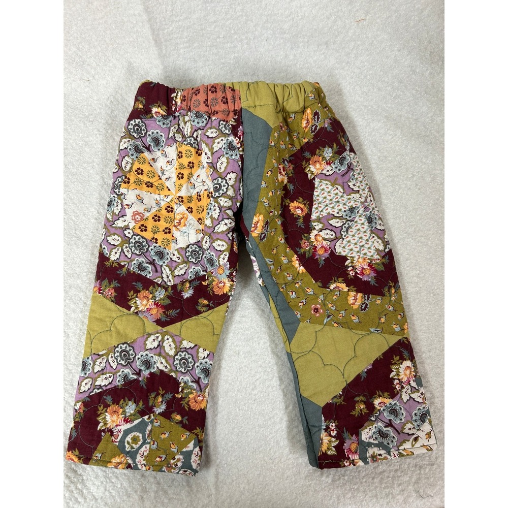 Handmade Quilted Patchwork Pants Boho Floral Elastic Waist Straight Leg 12 Month